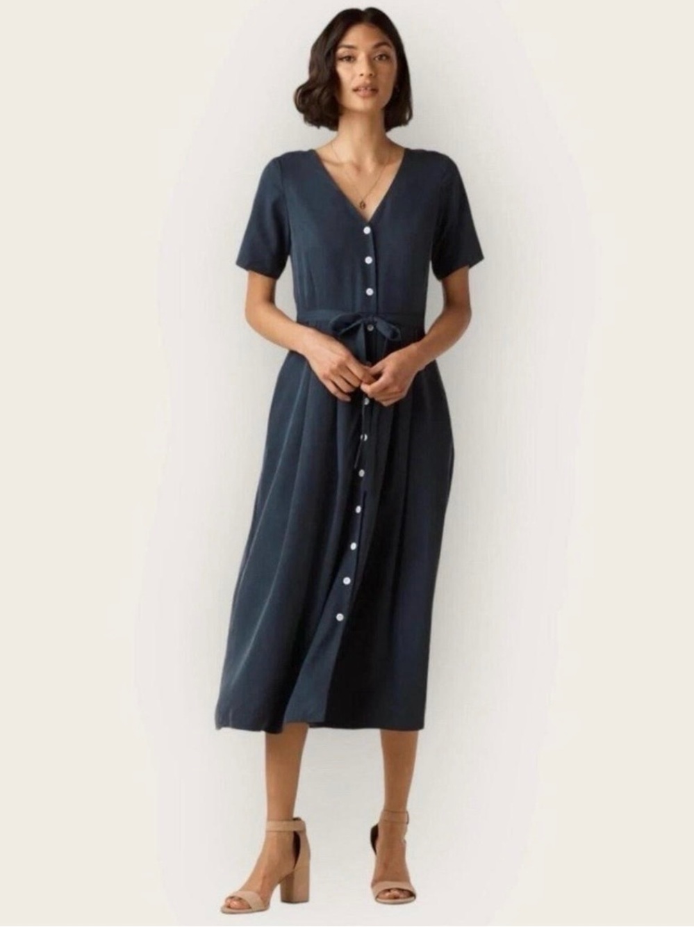 Vetta Classic Capsule Button Down Midi Dress Washed Navy V-Neck Pockets Small
